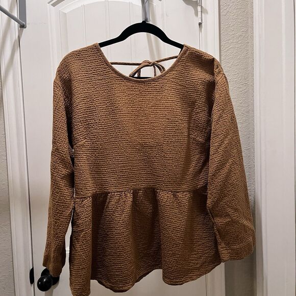 Madewell Shirt Tan Lightspun Peplum Open Tie Back Top Women Size S Oversize Boxy - Picture 5 of 11